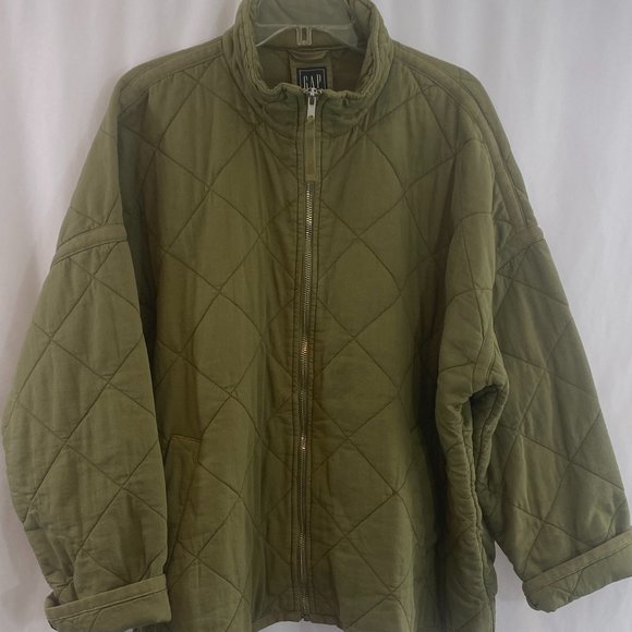 SOLD GAP Khaki Green Cotton Diamond Quilted Long Sleeve Full Zip Jacket - Picture 6 of 13